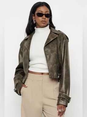 DYNAMITE | Faded Faux Leather Biker Jacket